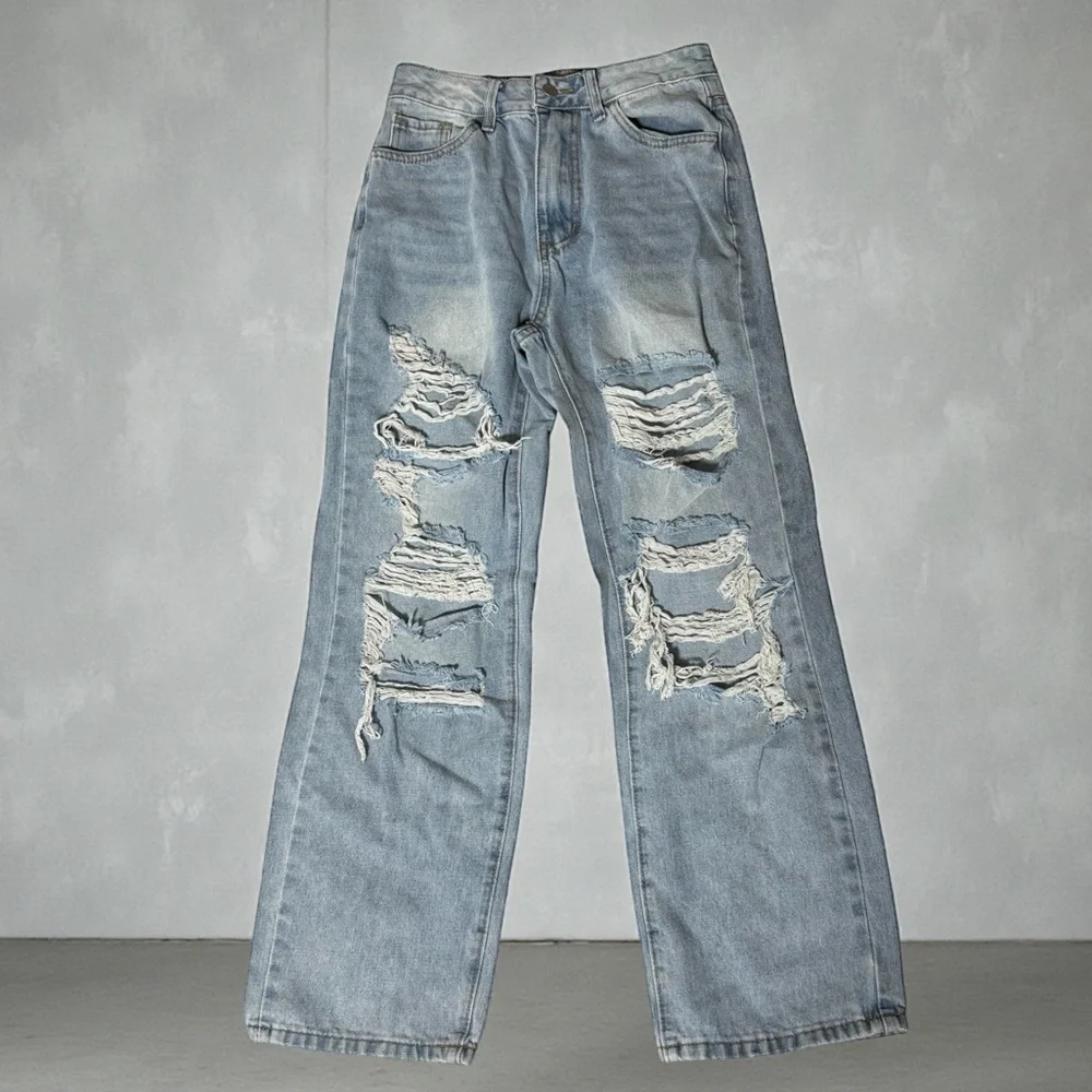 GIRLS SHEIN Petite Distressed Wide-Leg Jeans S Blue Light Wash